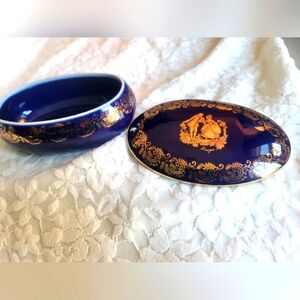Vintage Limoges France 22-Karat Gold Trinket Box in Cobalt‎ Blue Pre 1930 Signed